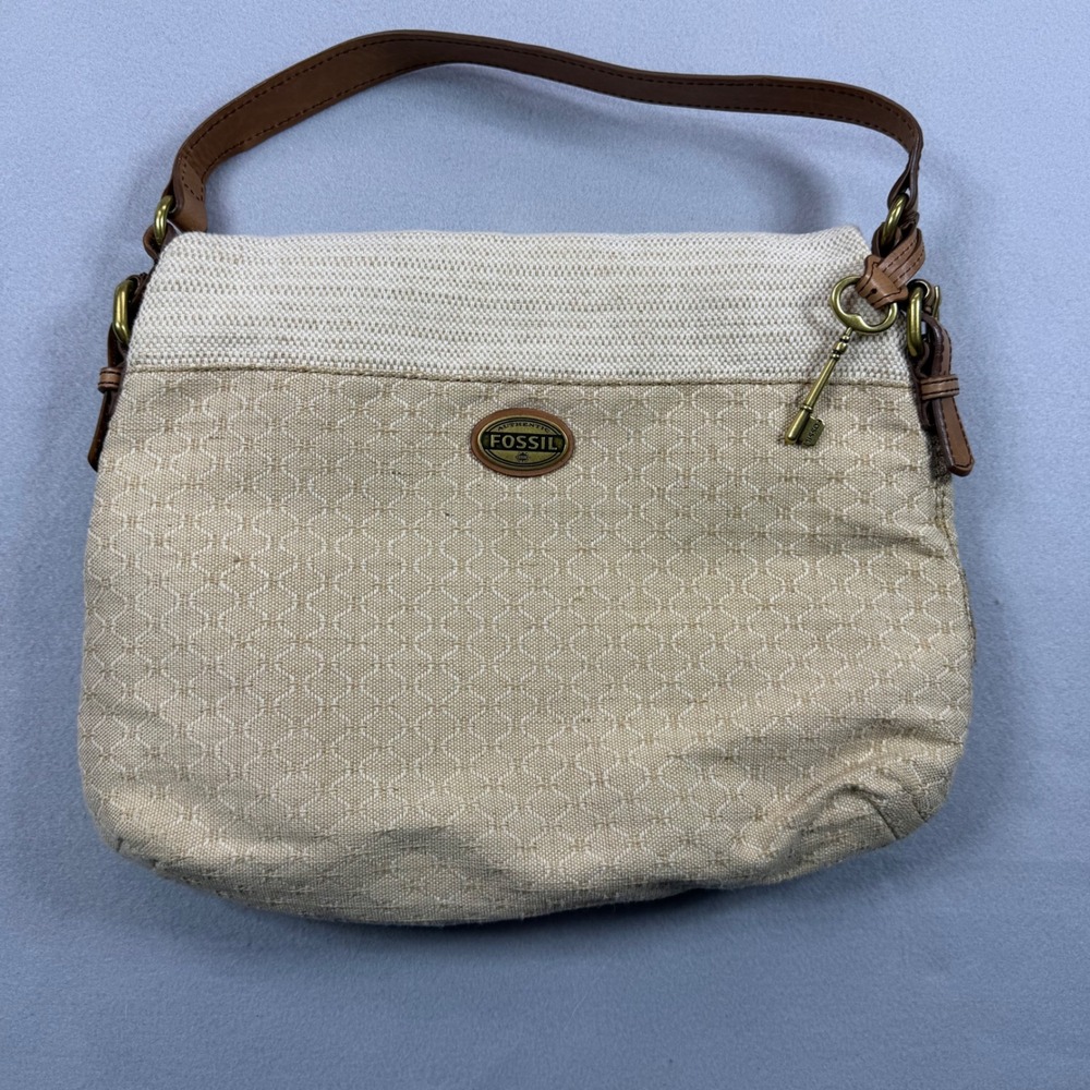Fossil Canvas Geometric Shoulder Bag Brown Leather Trim Tan Orange Interior